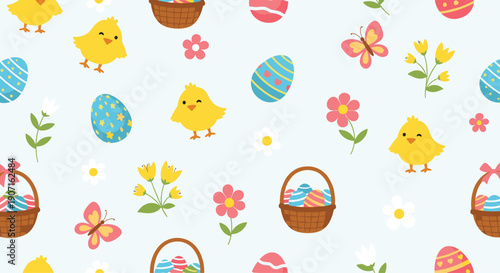 Cute easter holiday pattern featuring yellow baby chicks decorated eggs in baskets colorful butterflies and spring flowers on a blue backdrop.