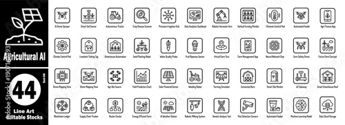A collection of agricultural AI line art icons, editable stroke, for smart farming, precision agriculture, and modern technology in food production vector illustration.