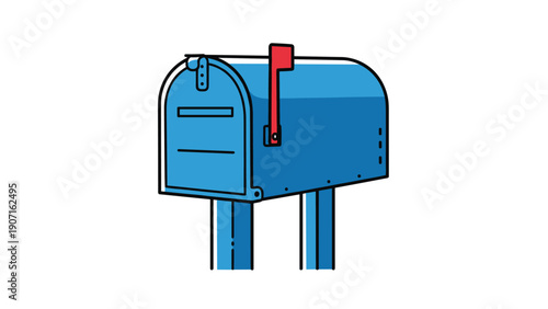 Classic blue mailbox with red signal flag up for outgoing mail delivery and communication services in clean vector illustration style.