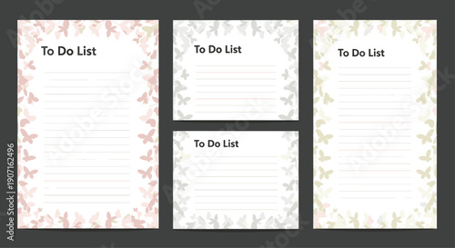 To do list stationary templates in various sizes featuring delicate butterfly borders in soft pink and muted tones on a dark gray background.