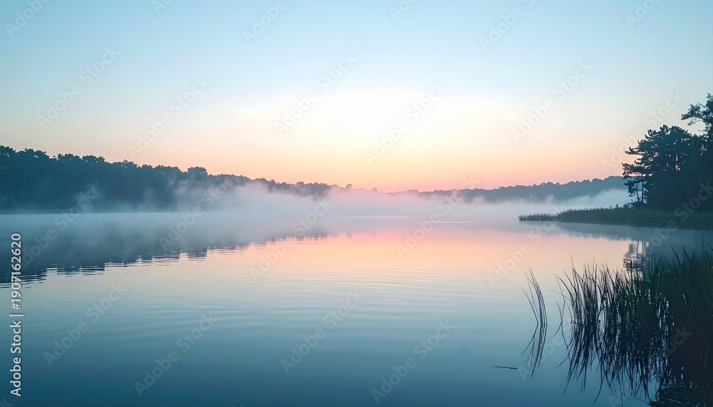 Fototapeta premium Serene Lake at Dawn - A Misty Reflection of Natures Beauty.