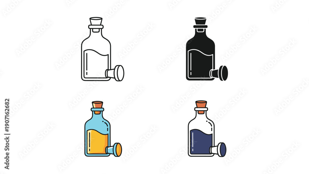 Fototapeta premium Small Glass Potion Bottles with Corks, Icon Set in Various Styles