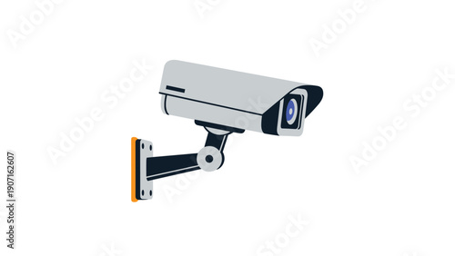Modern surveillance security camera mounted on wall for property monitoring and crime prevention in clean flat illustration style.