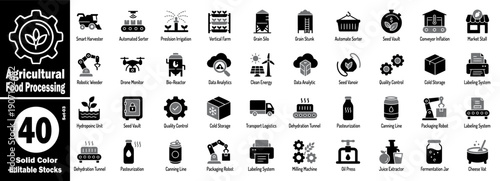 Agricultural food processing icons set. Smart harvester drone bio reactor data analytics clean energy seed sorter for farm industry vector illustration.