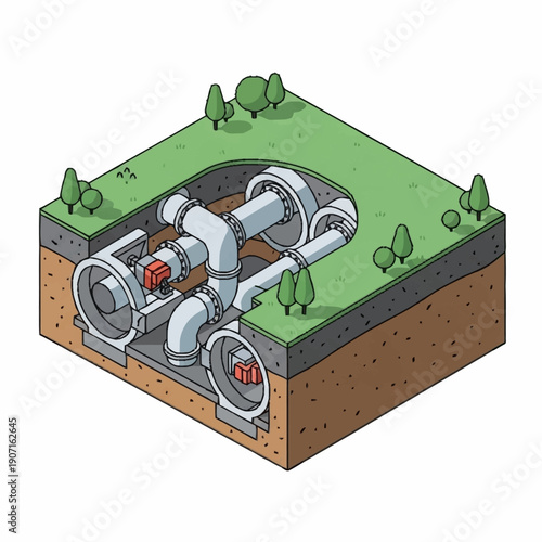 Underground pipeline system with valves and connections.