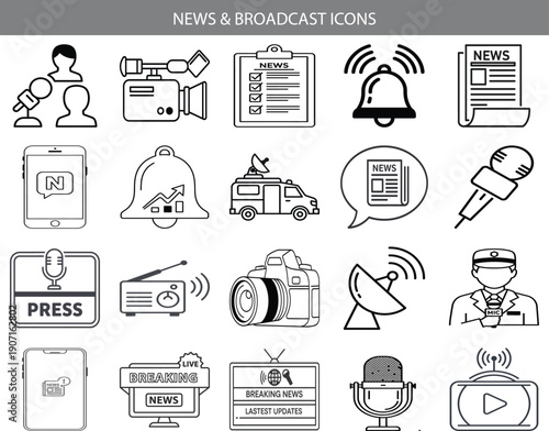 Collection of diverse icons representing news and broadcast media elements Vector