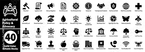Agricultural policy and advocacy solid icons. Sustainable farming legislation, rural development subsidy, coin trade agreement, food security, global partnership, and land tenure vector illustration.