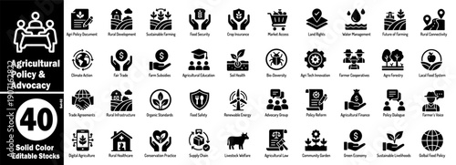 Agricultural policy and advocacy solid color icons set.  Agro policy document, rural development, sustainable farming, food security, crop insurance, market access, land rights, vector illustration.