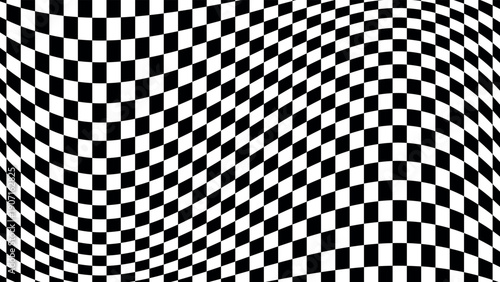 Abstract distorted checkered vector pattern, black and white optical illusion, psychedelic wavy square curved surface