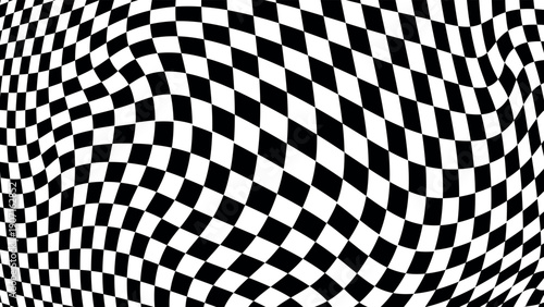 Abstract black and white distorted checkered vector pattern, optical illusion wallpaper psychedelic wavy rhombus surface