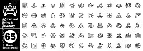 Agricultural policy and advocacy line art icons. Featuring professional farm management regulations, global food security, sustainable ecology, rural growth and human rights icons vector illustration.