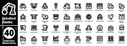 Agricultural robotics solid color icon. Collection showcasing autonomous tractor drone sprayer, robotic weeder, soil sensor, fruit picker, automated harvester, and smart farming systems illustration.