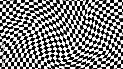 Black and white distorted checkered pattern, abstract vector illustration, psychedelic wavy square surface