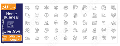 Home Based Business Icons Set, Entrepreneur Workspace, Online Store, Remote Management, Self Employment, Digital Payments, Customer Support, Productivity Tools, Editable Stroke Vector illustration.