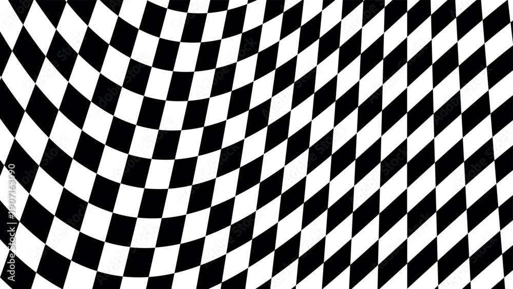 Obraz premium Abstract black and white distorted checkered vector pattern, optical illusion background psychedelic wavy square surface