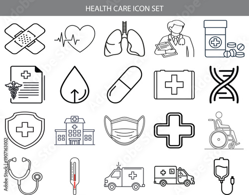 Comprehensive icon set representing various aspects of healthcare services and medical fields Vector