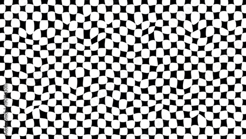 Abstract checkered background with distorted squares, black and white, psychedelic wallpaper.