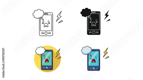 Cute Cartoon Mobile Phone Characters Expressing Distress and Sadness