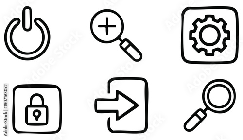 A clean, minimalist grid of 16 distinct, line-art icons is presented on a stark white background,