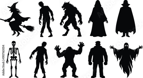 Halloween, monster, silhouettes, collection, featuring, witch, zombie, werewolf, vampire, skeleton, ghost, and, spooky, creatures, for, horror, party, and, seasonal, designs.