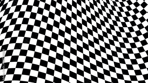 Abstract black and white distorted checkered vector pattern, optical illusion, psychedelic wavy square curved surface