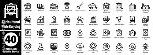Agriculture waste recycling thick line icons. Containing forty symbols of resource recovery, biomass collection, and circular economy processes for industrial farming efficiency vector illustration.