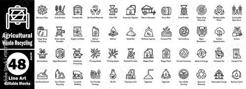 Comprehensive line art agricultural waste recycling icon. Collection of biomass processing, organic composting, and sustainable energy production systems vector illustration.