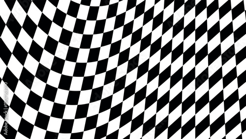 Abstract black and white distorted checkered vector pattern, optical illusion background psychedelic wavy square surface