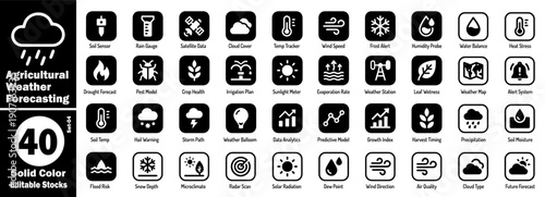Agricultural weather forecasting solid color icons set. Collection of editable stocks for smart farm climate data and prediction vector illustration.