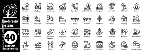 Agroforestry systems outline icons set: silvopasture, alley cropping, forest farming, windbreak, riparian buffer, agro-silvo pastoralism, homegarden, shade coffee vector illustration.