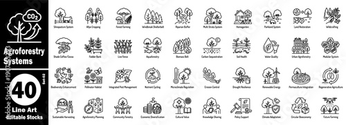 Agroforestry concepts line art icons: silvopasture, alley cropping, forest farming, windbreak, riparian buffer, multi strata, home garden, parkland, land restoration vector illustration.