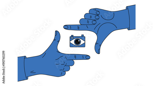 Blue hands framing camera view with small icon in middle representing photography composition and visual arts in flat design style.