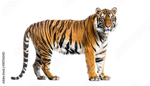 Full Body Side Profile of a Siberian Tiger Standing Isolated on White Background