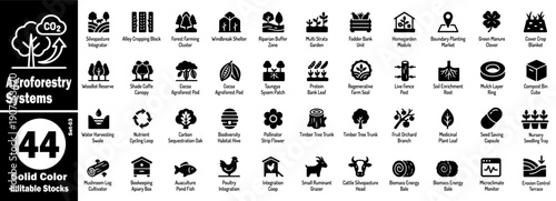 Agroforestry solid color icons: Silvopasture integrator, alley cropping, forest farming, windbreak shelter, riparian buffer, multi-strata garden, home garden, boundary planting vector illustration.