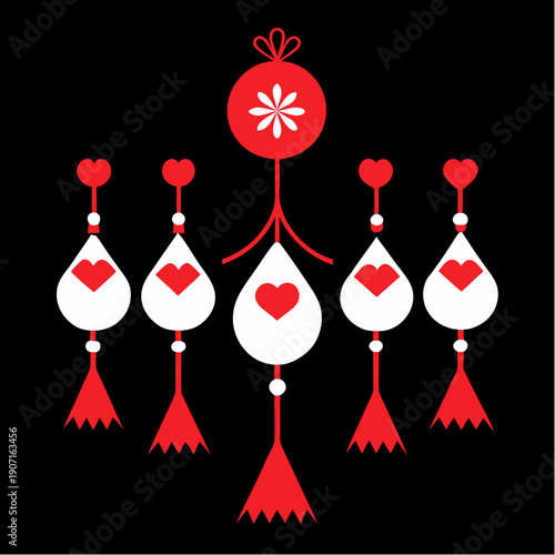 A stylized illustration of a dreamcatcher with hearts and tassels
