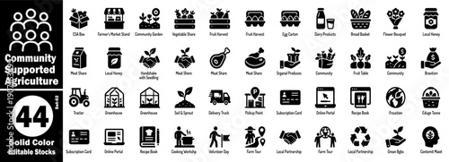 Community-supported agriculture icons. Solid color editable stocks with transparent background for easy use, showcasing various farm-to-table concepts, vector illustration.