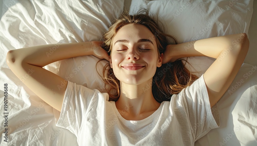 Fototapeta premium Serene woman relaxing in bed with sunlight streaming through window.