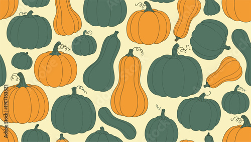 Seamless pattern of various pumpkins and squashes in orange and teal colors for autumn harvest and thanksgiving theme decorations.
