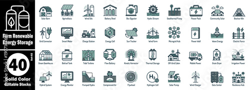 Farm renewable energy storage concepts, solid color editable stocks collection of icons for agriculture, sustainable power, and eco-friendly technologies vector illustration.