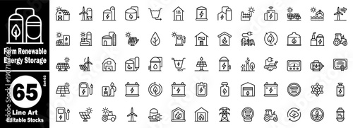 Farm renewable energy storage concepts line art icons. Editable stock collection of icons for agriculture, sustainable power, and eco-friendly technologies vector illustration.