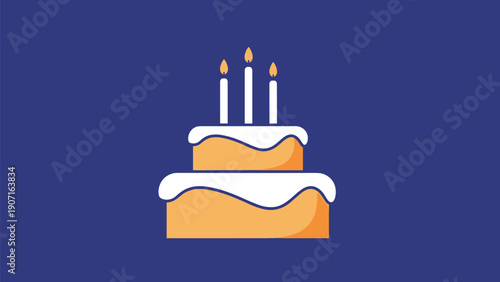 Orange two-tier birthday cake with three lit candles on dark blue background representing festive celebrations and anniversary events.