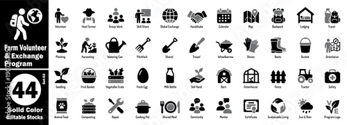 Agricultural exchange volunteer program symbol collection featuring rural lifestyle, student work host farmer tasks, gardening tools, community sustainability, and international learning illustration.