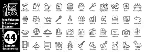 Farm volunteer and exchange program line art icons. Editable stocks set-04, collection includes icons such as seedling sprout, gloves and trowel, watering can, and many more vector illustrations.