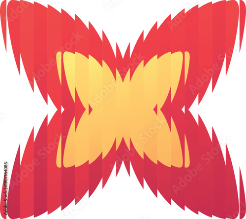 Red and yellow flower shape with ribbed glass effect, Y2K vector symbol, abstract ripple blur festive design element