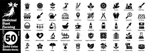 Natural medicinal herb icons. Featuring turmeric, passionflower, ginkgo, fennel, lemon balm, elderberry. milk thistle with hydroponic systems, climate control, lab beaker symbols vector illustration.