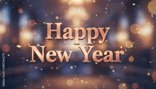 Golden Happy New Year Celebration with Bokeh Lights and Glittering Confetti for Festive Greetings and Holiday Cheer