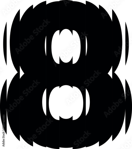 Black number eight with ribbed glass effect, vector fluted even numeric symbol 8 with striped reflections ripple blur