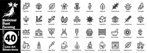 Medicinal plant farming icons set. Line art icon contains herbal medicine ingredients for health, such as ginger, valerian, lemon balm, milk thistle, vector illustration.