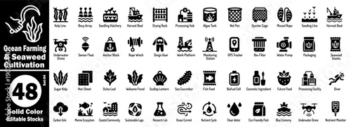 Ocean farming and seaweed cultivation Icons. Solid color editable stock vector icons set for the agriculture industry and aquaculture business vector illustration.