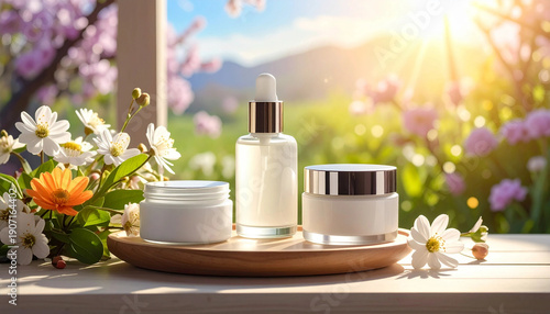 Natural skincare cream jars and serum bottle with spring flowers